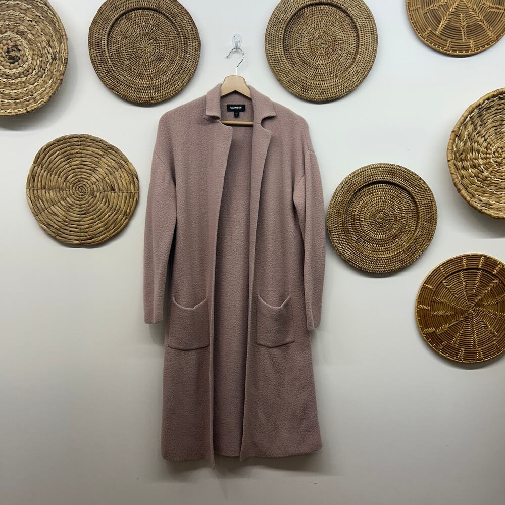 Express Pink Duster Cardigan Sweater XS Cozy Soft Knit Long Length Collared - Picture 2 of 7